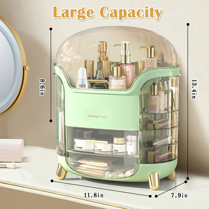 Rotating Makeup Organizer, Waterproof& Dustproof Cosmetic Organizer Box with Lid, Large Capacity Vanity Storage, Makeup Display Boxes for Bathroom Countertop, Bedroom, Dresser,Green