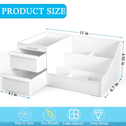 Makeup Organizer for Vanity, Countertop Skincare Organizers with Drawer, Large Capacity Cosmetic Make up Storage Organizer for Bathroom Counter Dresser, White