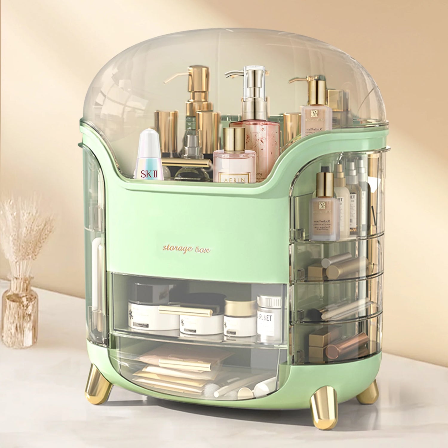 Rotating Makeup Organizer, Waterproof& Dustproof Cosmetic Organizer Box with Lid, Large Capacity Vanity Storage, Makeup Display Boxes for Bathroom Countertop, Bedroom, Dresser,Green