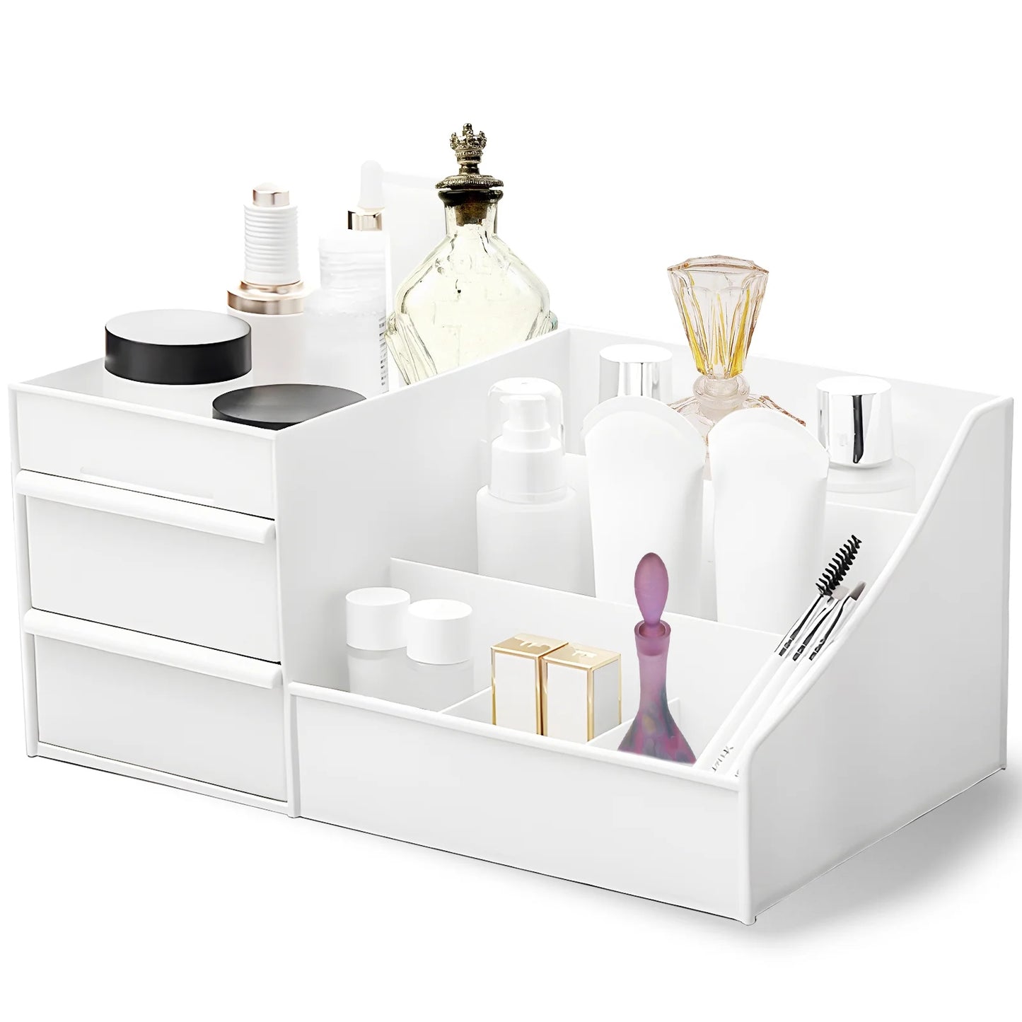 Makeup Organizer for Vanity, Countertop Skincare Organizers with Drawer, Large Capacity Cosmetic Make up Storage Organizer for Bathroom Counter Dresser, White